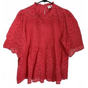 Joie Women's Blouse Medium Red Eyelet Pleated Cotton Spring Summer Designer